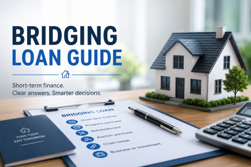 Bridging loan guide hero image showing a house model, finance documents and calculator for short-term property finance decisions.