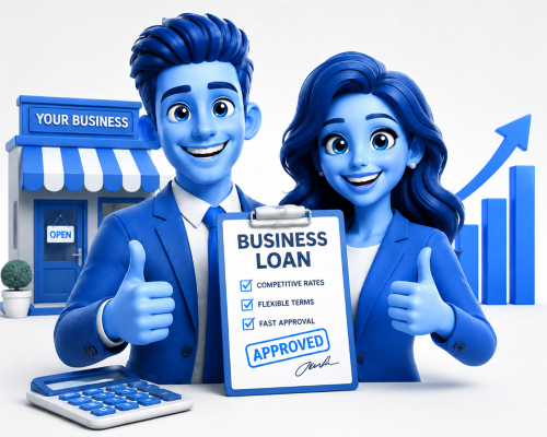 Business Loan Adviser Search illustration showing blue advisers with an approved business loan document, growth chart, calculator and business finance icons.