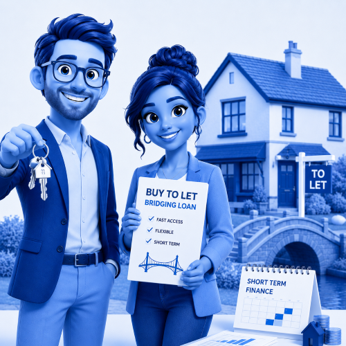 Buy-to-Let Bridging Loan Adviser Search showing blue 3D property investors with keys, a rental property, short-term finance documents and a To Let sign.