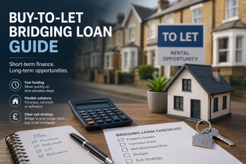 Buy-to-Let Bridging Loan Guide showing a rental property, calculator, checklist and keys for landlords planning short-term finance
