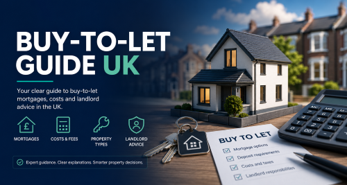 UK Buy-to-let guide hero image showing a model house, keys, calculator and landlord checklist for mortgages, costs and property advice.