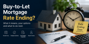 Buy-to-let mortgage rate ending reminder with house model, clock, mortgage documents and calculator for landlord remortgage planning.