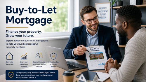 Buy-to-let mortgage adviser discussing rental property finance with a Black client in a modern office.