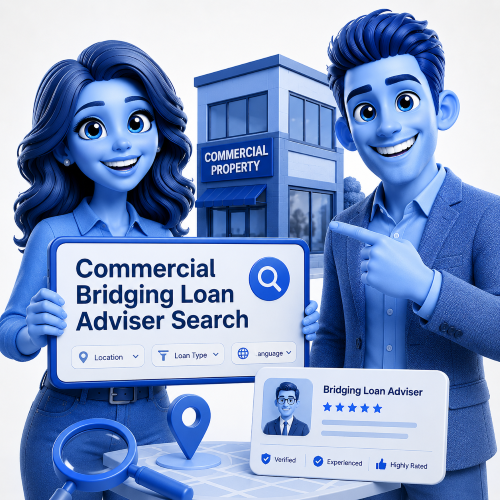Commercial Bridging Loan Adviser Search showing blue characters, commercial property, adviser profile filters and search tools for finding a suitable bridging loan adviser.