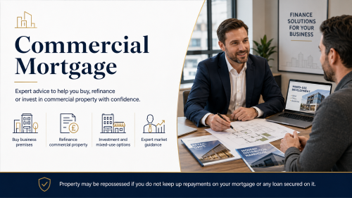 Commercial mortgage adviser discussing business property finance with a client in a professional office setting.