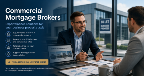 Commercial mortgage brokers advising a business owner on UK commercial property finance, with office buildings in the background.