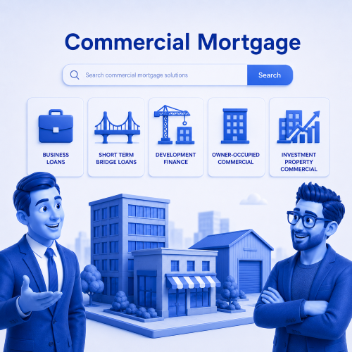 Commercial Mortgage Search showing adviser categories for business loans, short term bridge loans, development finance, owner-occupied commercial and investment property commercial finance.