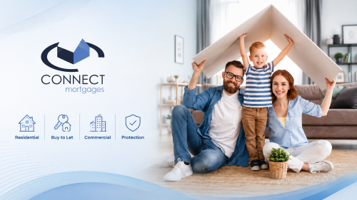 Connect Mortgages hero banner for UK mortgage customers, showing family home support and services for residential mortgages, buy-to-let, commercial finance and protection.