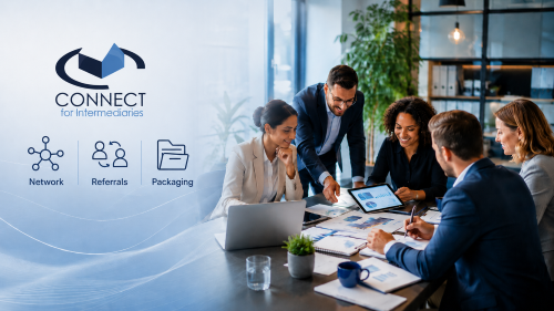 Connect for Intermediaries hero banner showing mortgage network support, adviser collaboration, and Network, Referrals and Packaging services.