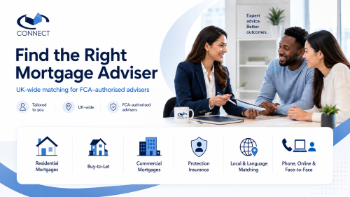 Connect Experts Content Hub: Connect Experts hero image showing a mortgage adviser meeting with clients, with icons for residential mortgages, buy-to-let, commercial mortgages, protection insurance, local and language matching, and phone, online or face-to-face advice.