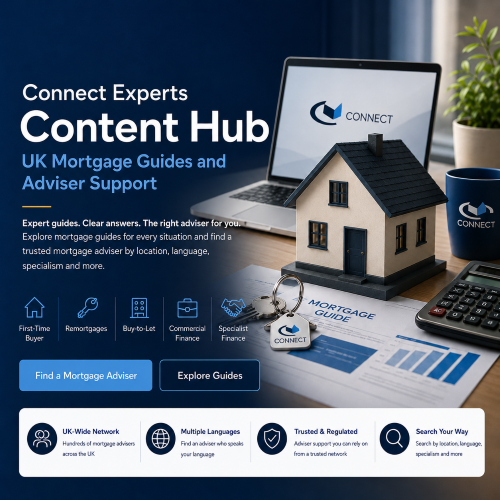 Connect Experts content hub hero image showing a mortgage guide workspace with branded Connect logos on a laptop, mug and keyring, plus icons for first-time buyers, remortgages, buy-to-let, commercial finance and specialist finance.
