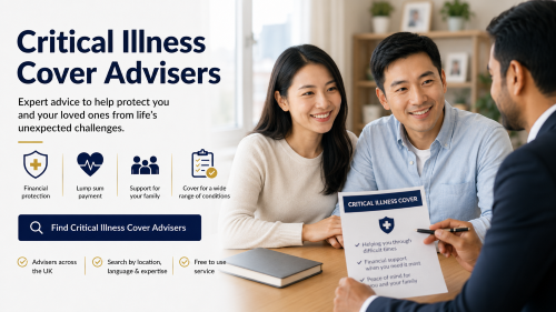 Chinese couple speaking with a protection adviser about critical illness cover, lump sum payments and family financial support. Critical Illness Cover Advisers