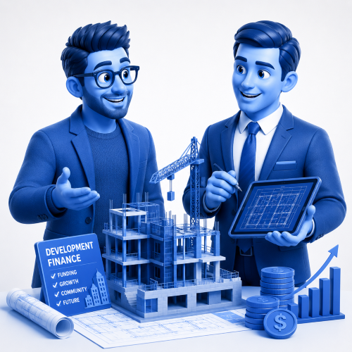 Development Finance Adviser Search showing blue 3D advisers reviewing property development plans, construction funding and project growth