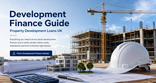 Development finance guide showing a UK property development site with construction crane, hard hat, blueprints and architectural model.