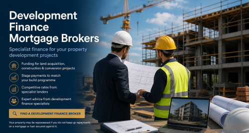 Development finance mortgage brokers reviewing construction plans on a UK property development site, with scaffolding, cranes and a new-build project in progress.