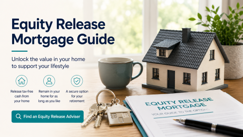 Equity release mortgage guide hero image showing a model house, keys, paperwork and a call to find an equity release adviser.