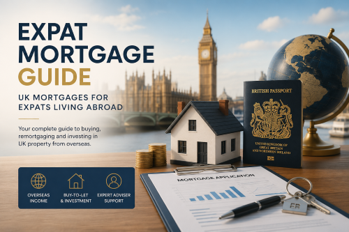 Expat mortgage guide hero image showing a UK passport, model house, mortgage application documents, coins and a globe with London landmarks in the background.
