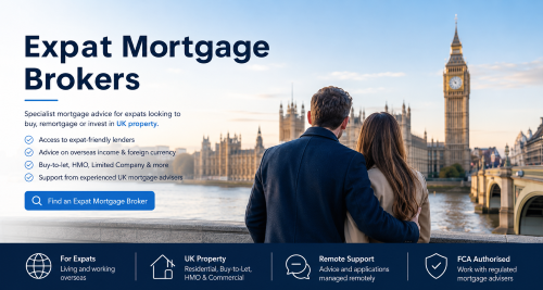 Expat couple looking over London skyline with text promoting UK expat mortgage broker support for overseas income, buy-to-let and remote advice. Expat Mortgages Brokers