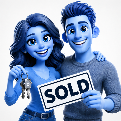 Find First-Time Buyer Mortgage Advisers: Smiling blue cartoon couple holding house keys and a SOLD sign after buying a home.