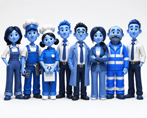 Find Mortgage Advisers for Self-employed applicants, illustrated by a friendly blue-toned team of professional advisers and workers standing together.
