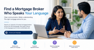 Find a Broker by Language: A customer speaking with a mortgage broker in an office, promoting mortgage advice in the user’s preferred language.