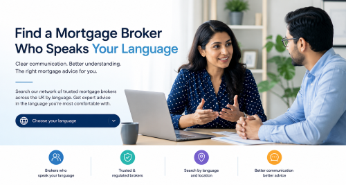 Find a Broker by Language: A customer speaking with a mortgage broker in an office, promoting mortgage advice in the user’s preferred language.