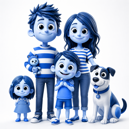 Blue-toned 3D cartoon family with dog representing users looking to Find a Mortgage Adviser for Moving Home through Connect Experts.