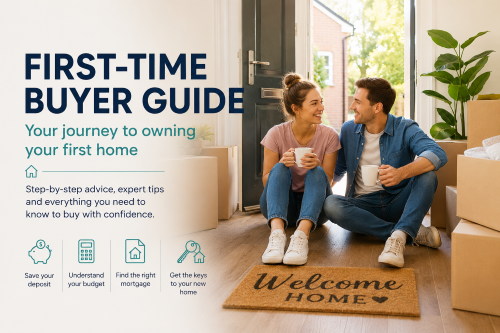 First-time buyer guide hero image showing a couple sitting in their new home with moving boxes, alongside key steps including saving a deposit, understanding your budget, finding the right mortgage, and getting the keys.