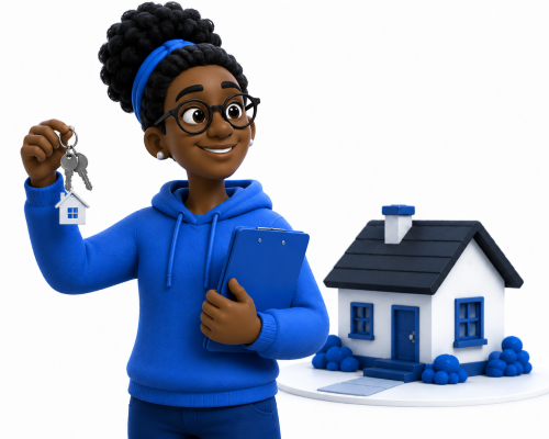 First-Time Landlord Adviser Search illustration of a first-time landlord holding keys and a clipboard beside a rental property