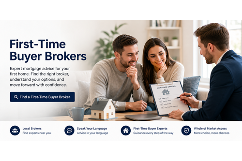 First-time buyer brokers helping a couple review mortgage options for their first home.