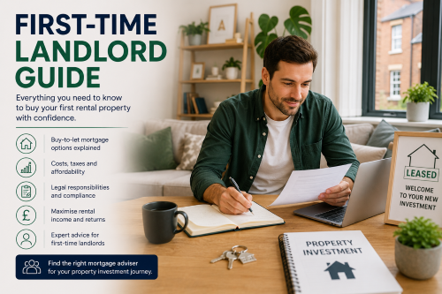 First-time landlord guide hero image showing a landlord reviewing property documents with keys, a laptop, and rental investment materials, highlighting buy-to-let mortgage options, costs, legal responsibilities, rental income, and expert advice.