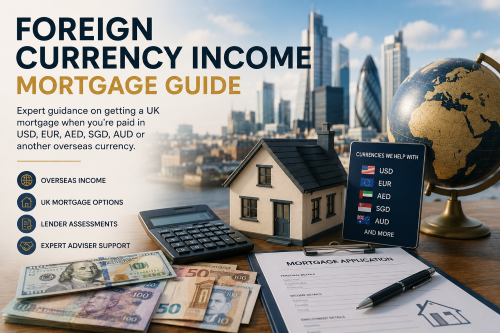 Foreign currency income mortgage guide hero image showing international banknotes, a model house, mortgage application documents, a globe and London skyline, with currencies including USD, EUR, AED, SGD and AUD.
