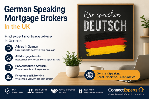 German speaking brokers in the UK with German language support, mortgage advice icons and Connect Experts branding.