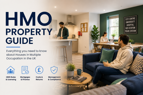 HMO Property Guide UK hero image showing a modern shared kitchen and lounge, with tenants in a UK house share and text highlighting HMO rules, mortgages, costs and management.