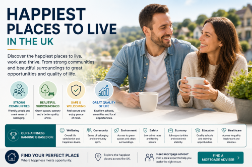 Happy couple enjoying coffee in a scenic UK town, with icons showing community, green spaces, safety, wellbeing, education and quality of life.