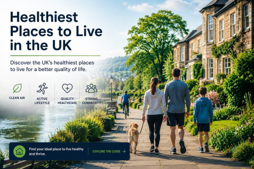 Healthiest Places to Live: Family walking along a green riverside path in a healthy UK neighbourhood with clean air, active lifestyle, healthcare and community icons.