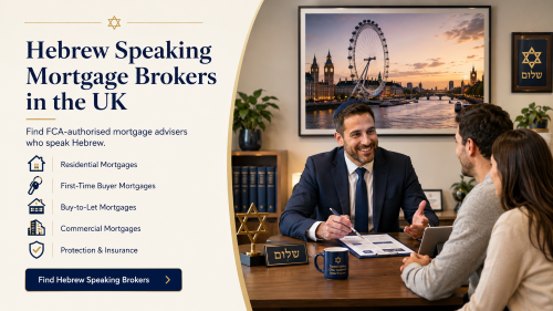 Hebrew speaking brokers meeting with clients in an office, with UK mortgage service icons and London skyline imagery promoting Hebrew speaking mortgage brokers in the UK.