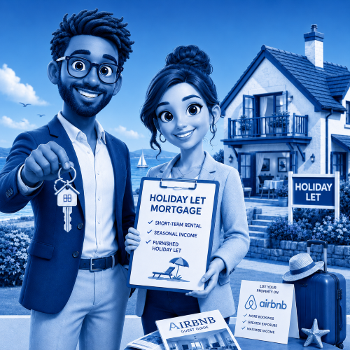 Holiday Let Mortgage Adviser Search showing a blue holiday let property, advisers, keys, Airbnb theme and short-term rental mortgage checklist.