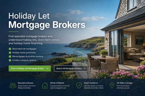 Holiday let mortgage brokers for UK short-term rental and holiday home finance with coastal property backdrop.