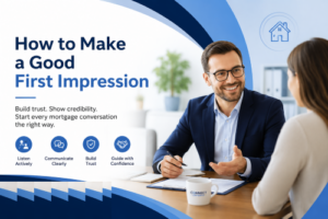 Mortgage adviser having a professional first meeting with a client, showing clear communication, trust, and guidance in branded blue colours.