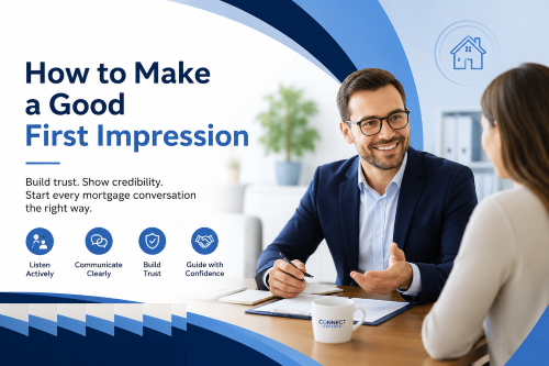 Mortgage adviser having a professional first meeting with a client, showing clear communication, trust, and guidance in branded blue colours.