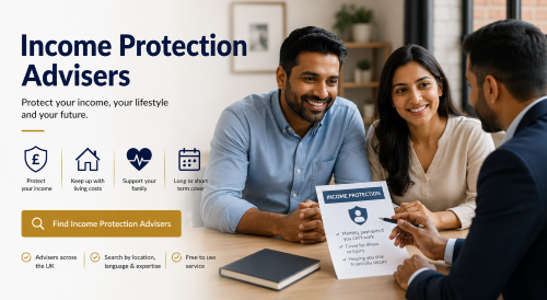 Ethnic couple speaking with an income protection adviser about cover for income, living costs and family support. Income Protection Advisers