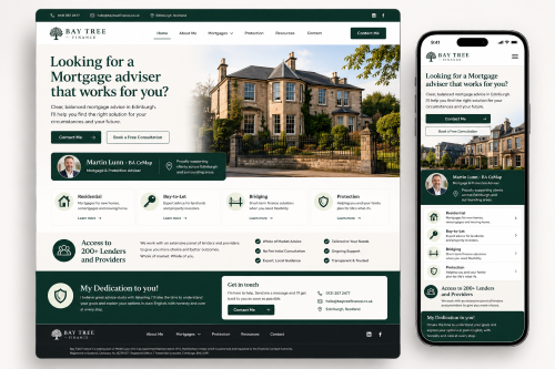 Landing Pages for Boost Members: Bay Tree Finance landing page example showing a responsive desktop and mobile website design for Martin Lunn, a mortgage and protection adviser in Edinburgh.