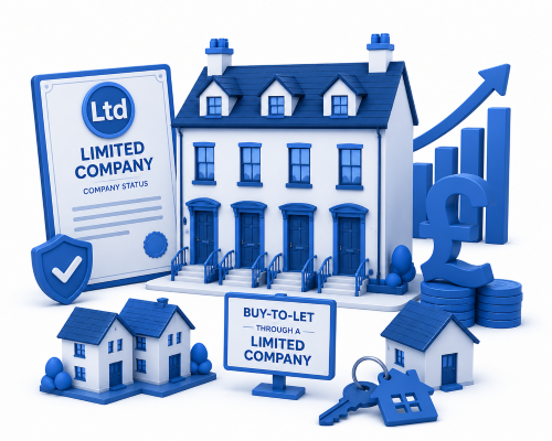 Limited Company BTL Adviser Search illustration showing buy-to-let property investment through a limited company with houses, company certificate, pound symbol and growth chart