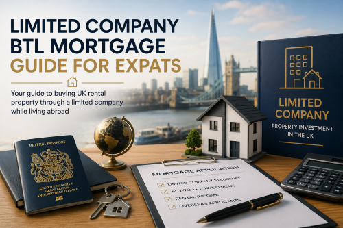 Limited company BTL mortgage guide hero image showing a UK passport, model rental property, mortgage application, calculator and globe with London landmarks in the background.