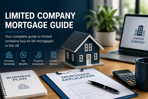 Limited company mortgage guide UK hero image showing a UK buy-to-let property investment workspace with a house model, mortgage application documents, business plan, calculator and limited company lending icons.