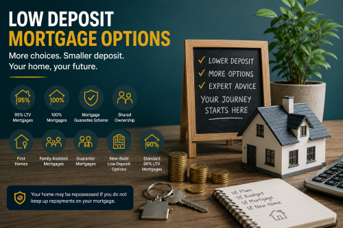 Low deposit mortgage options shown with a house model, coins, keys, and checklist, highlighting 95% LTV, 100% mortgages, government schemes, and family support.