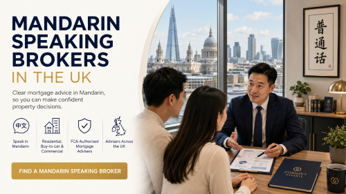 Mandarin speaking brokers advising clients in a modern London office, with UK skyline views, Mandarin characters, and text promoting clear mortgage advice in the UK.