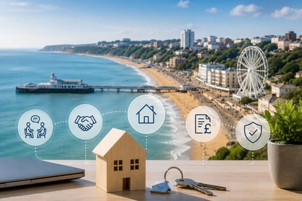 Mortgage Adviser in Bournemouth hero image showing a coastal property scene with mortgage, consultation, home, document and protection icons.