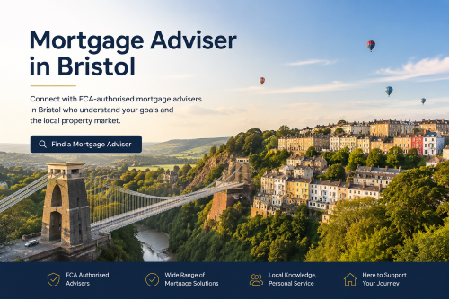 Mortgage adviser in Bristol hero image showing Clifton Suspension Bridge, local homes and a call to find FCA-authorised mortgage advisers.